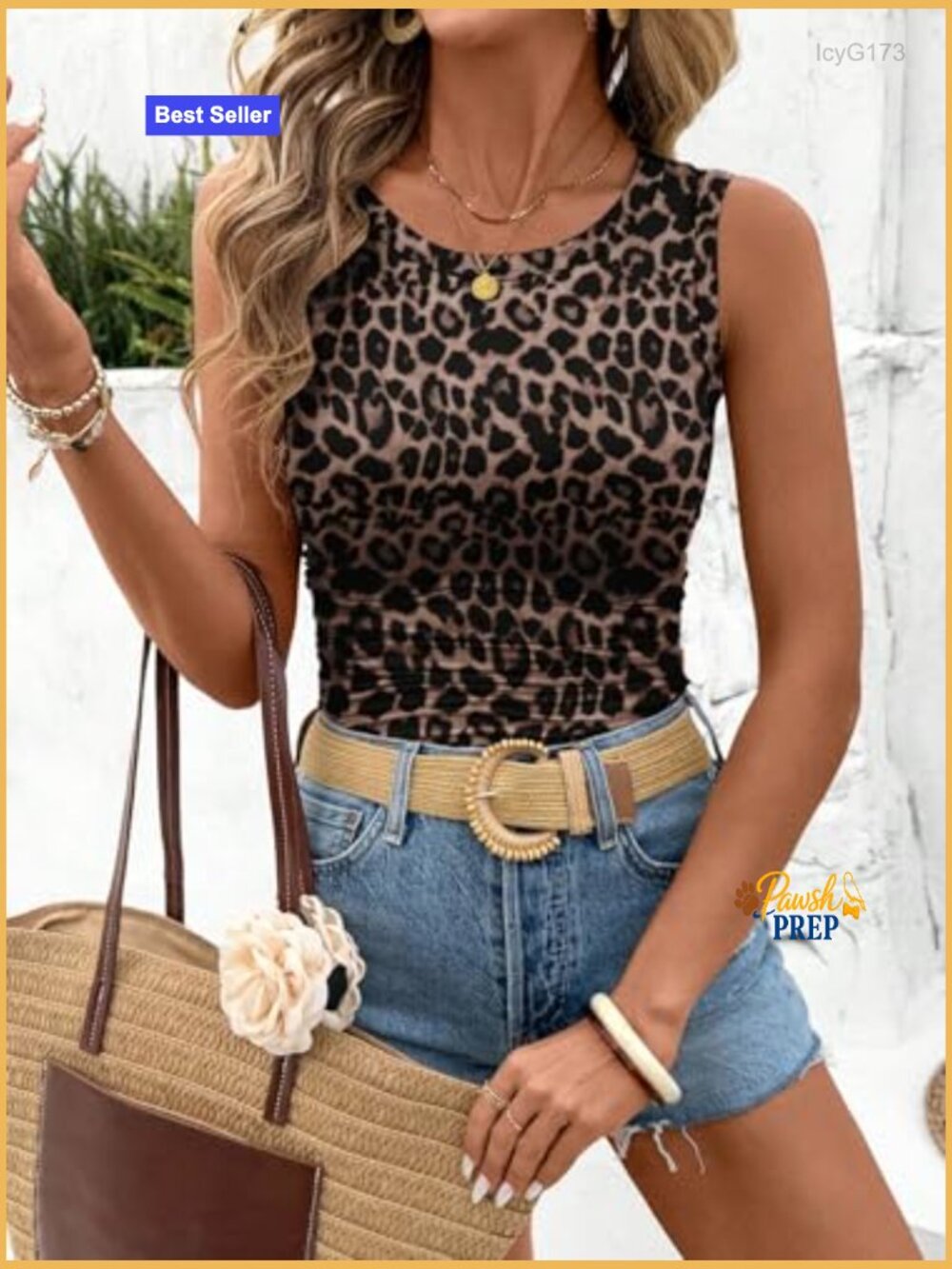 Leopard Ruched Crew Neck Sleeveless Tank Top Fitted - Picture 3 of 4